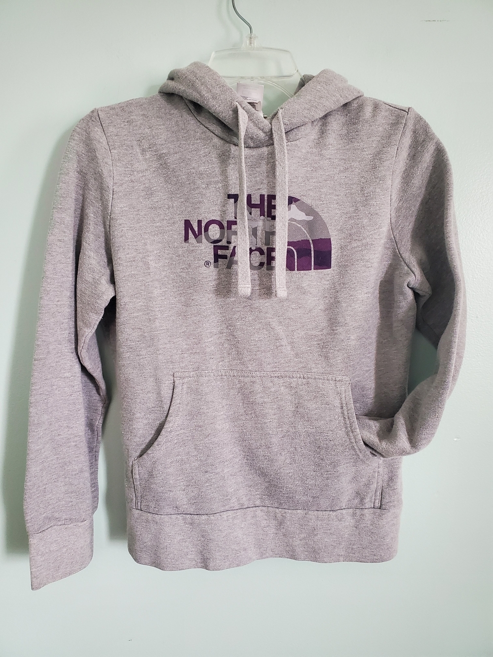 The North Face Light Gray Hoodie with Purple Logo